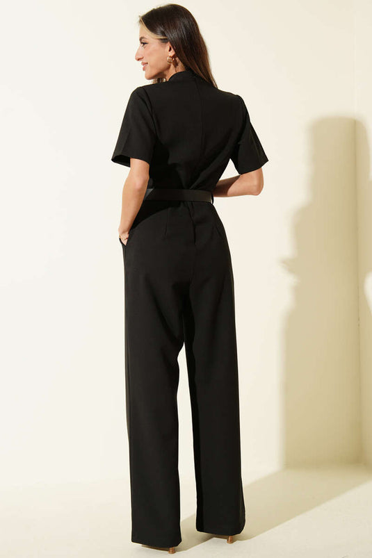 Kare Buckle Belted V-Neck Jumpsuit Black
