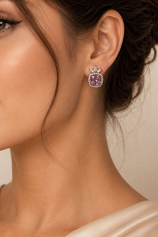 Pendientes Con Detalle De Piedra Cuadrada Rosa