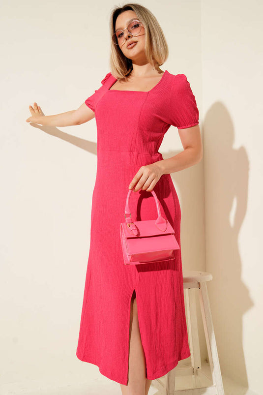 Square Neck Crinkle Midi Dress Fuchsia