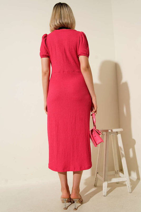 Square Neck Crinkle Midi Dress Fuchsia