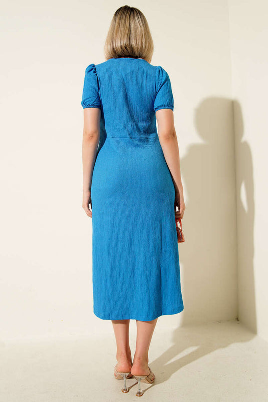 Square Neck Crinkle Midi Dress in Navy Blue