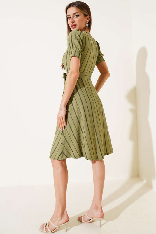 Square Neck Sleeveless Striped Midi Dress Almond Green