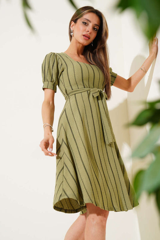 Square Neck Sleeveless Striped Midi Dress Almond Green