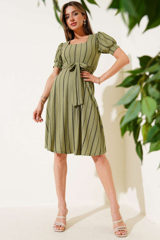 Square Neck Sleeveless Striped Midi Dress Almond Green