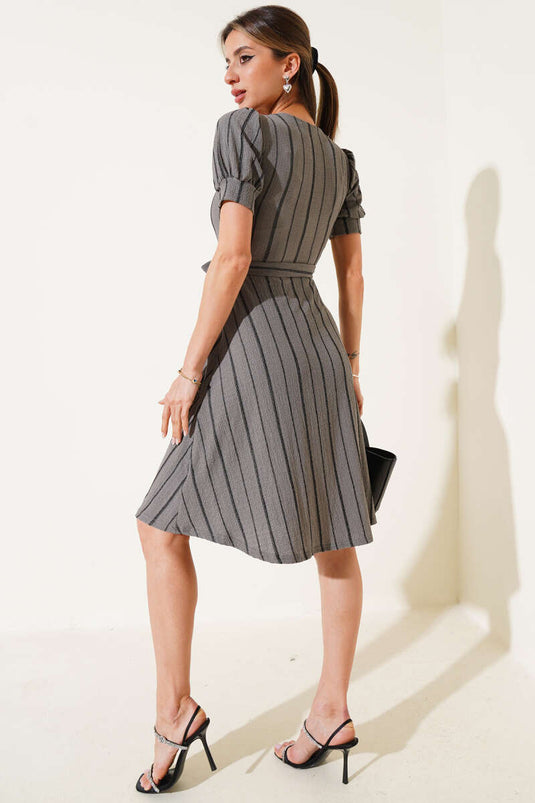 Square Neck Sleeveless Striped Midi Dress Gray