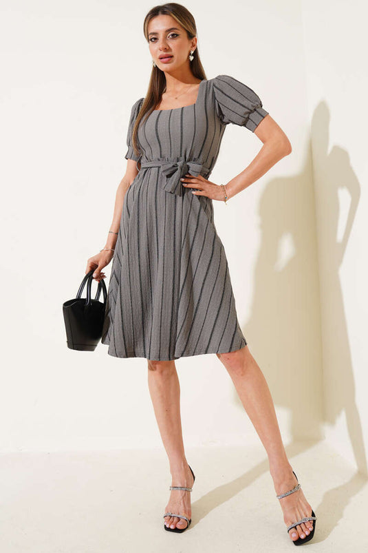 Square Neck Sleeveless Striped Midi Dress Gray
