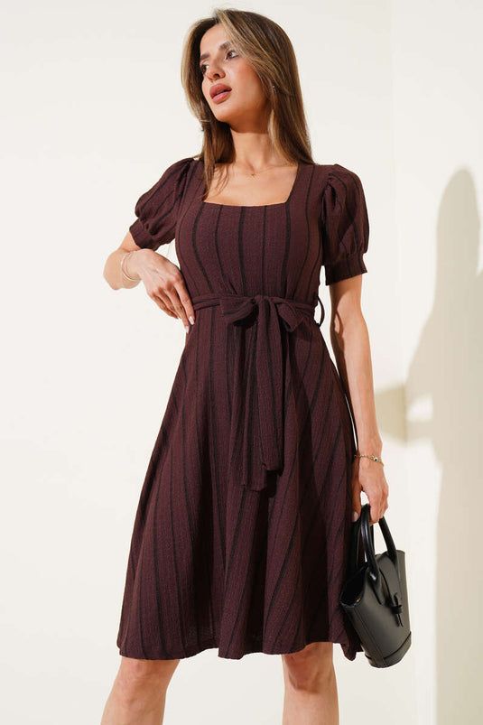 Square Neck Sleeveless Striped Midi Dress Brown
