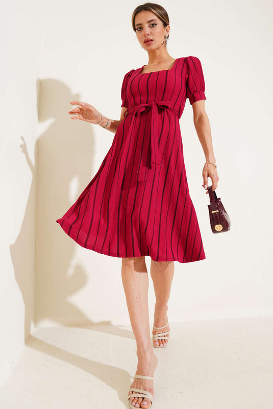 Kare Yaka Kolsuz Çizgili Midi Elbise Vişne