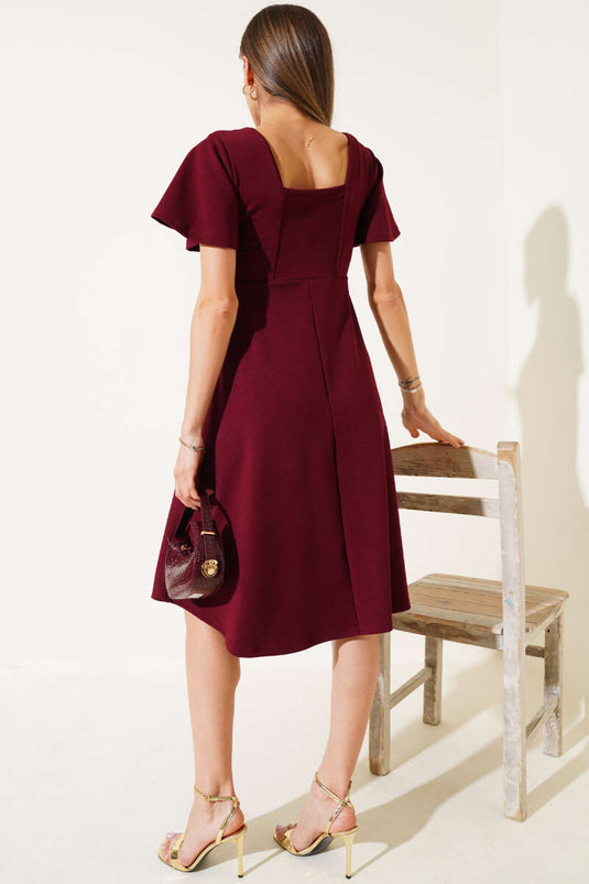 Midikleid mit eckigem Ausschnitt, burgunderrot