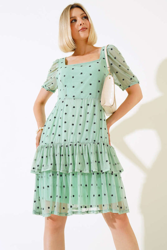 Square Neck Mini Floral Tulle Dress Mint