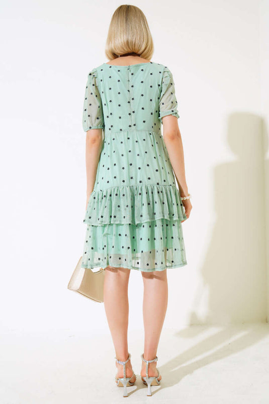 Robe courte en tulle fleuri à col carré, couleur menthe