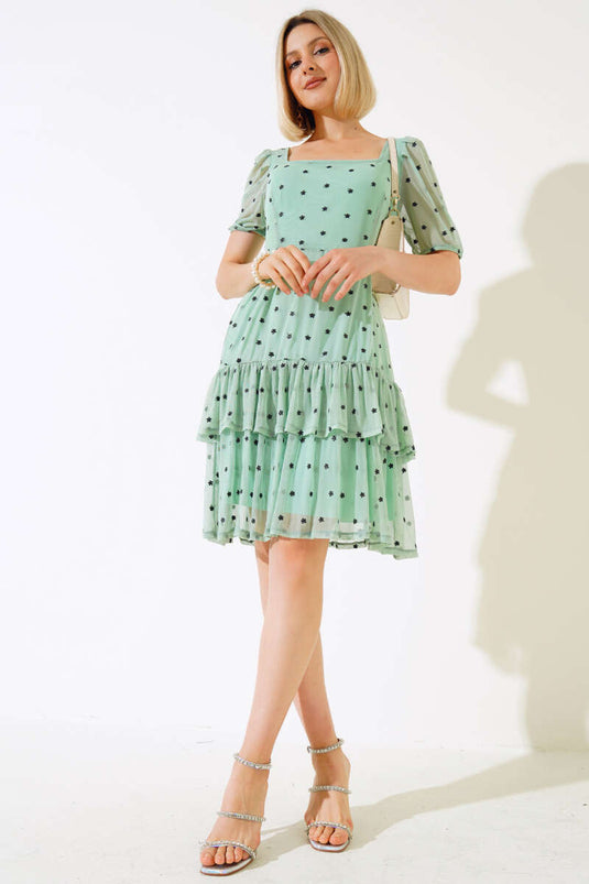 Robe courte en tulle fleuri à col carré, couleur menthe