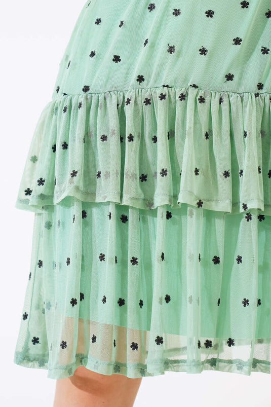 Square Neck Mini Floral Tulle Dress Mint