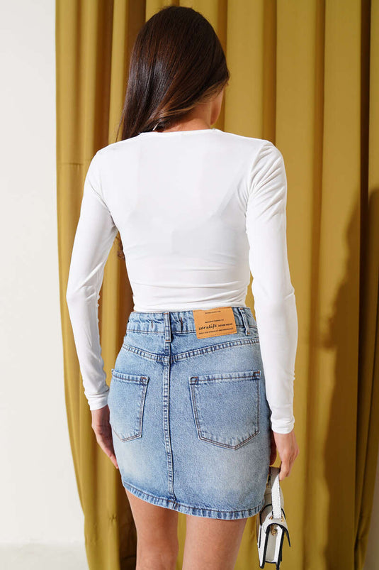 Square Neck Long Sleeve Sandy Crop White