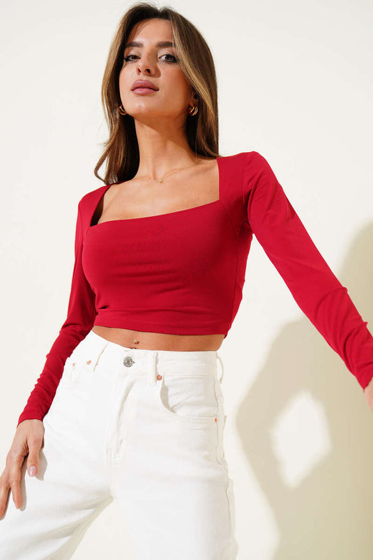 Square Neck Long Sleeve Sandy Crop Burgundy