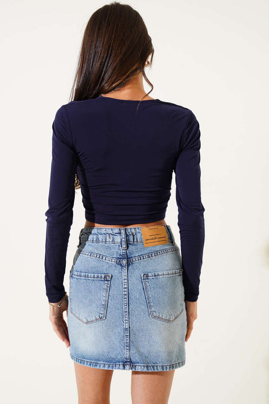 Kare Yaka Manches Longues Crop Sandy Bleu Marine