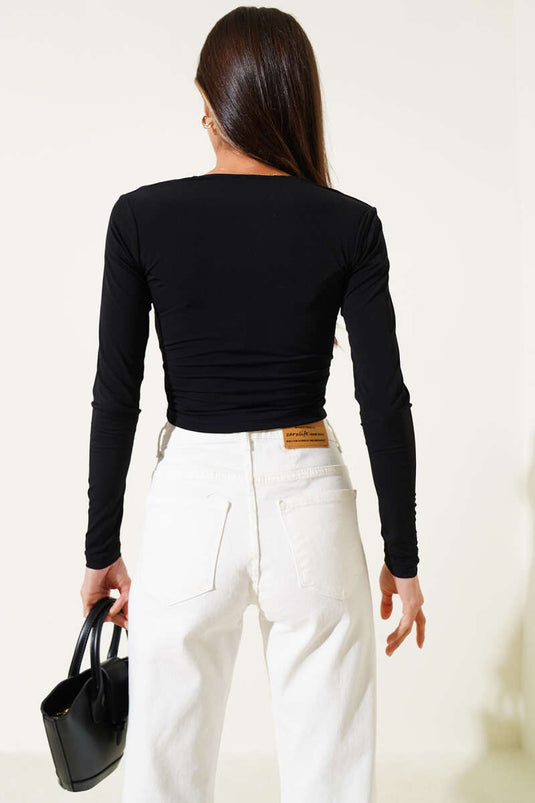 Schwarz, Kurzarm, sandfarben, mit quadratischem Ausschnitt, langärmelig