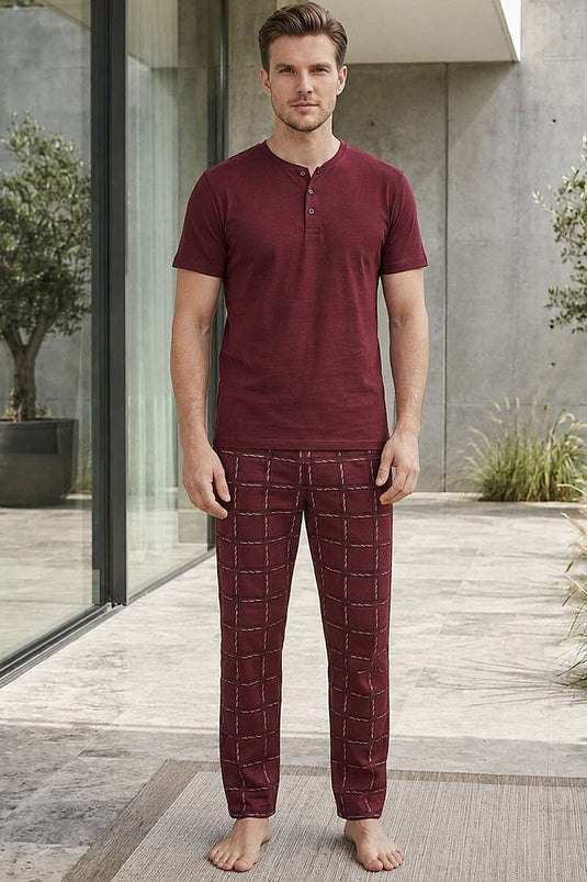 Kareli Kısa Kollu Erkek Pijama Takımı Bordo