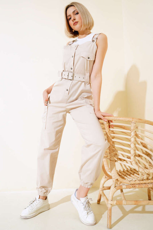 Cargo Pocket Strap Jumpsuit Beige