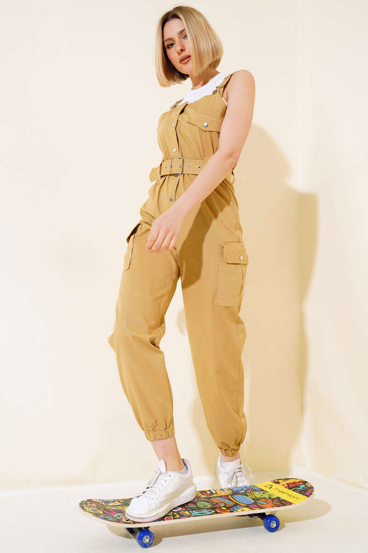 Jumpsuit mit Cargo-Tasche und Trägern, Senfgelb