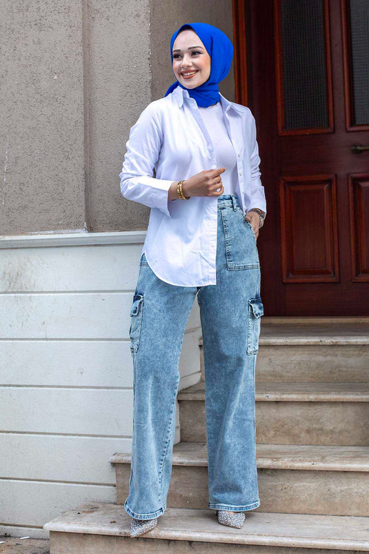 Cargo Modest Denim Pants Ice Blue