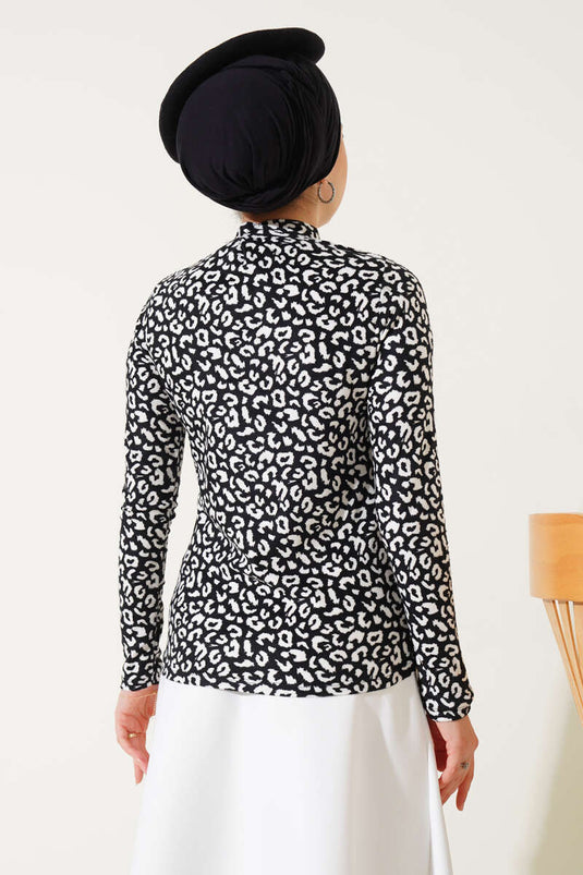 Blouse Col Roulé Motifs Mixtes Noir Blanc