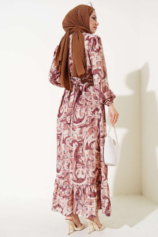 فستان بحزام ونمط مختلط تان