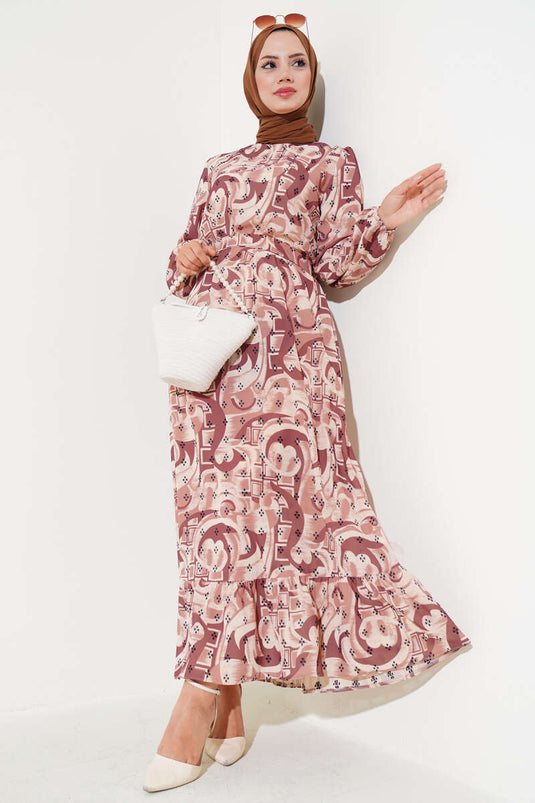 فستان بحزام ونمط مختلط تان