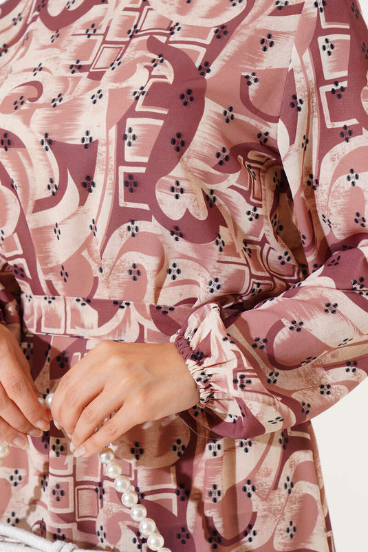 فستان بحزام ونمط مختلط تان