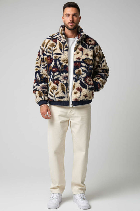 Mixed Pattern Plush Men's Jacket, Ecru Navy Blue