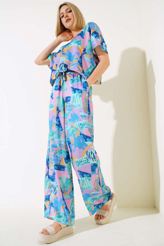 طقم من قطعتين من الساتان بنمط مختلط، لون نعناعي