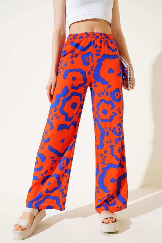 Karışık Desenli Bel Lastikli Pantolon Oranj
