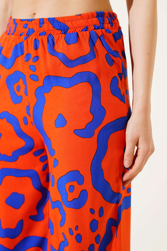 Karışık Desenli Bel Lastikli Pantolon Oranj