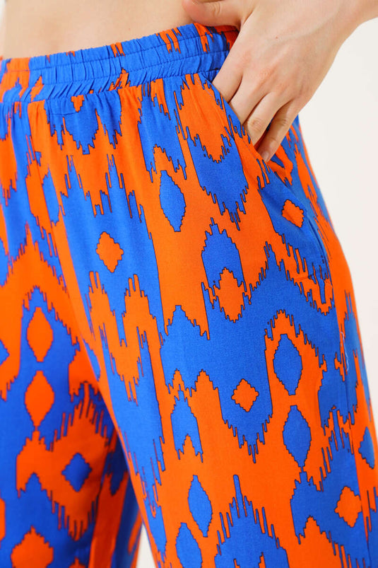 Karışık Desenli Bel Lastikli Pantolon Oranj Saks