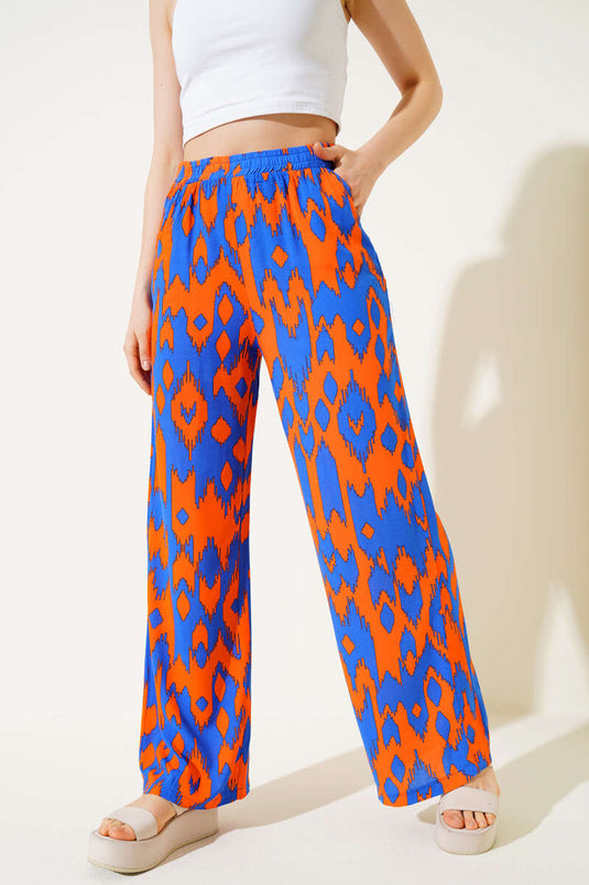 Karışık Desenli Bel Lastikli Pantolon Oranj Saks