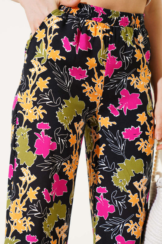 Karışık Desenli Bel Lastikli Pantolon Siyah Hardal