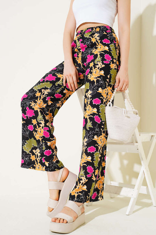 Karışık Desenli Bel Lastikli Pantolon Siyah Hardal