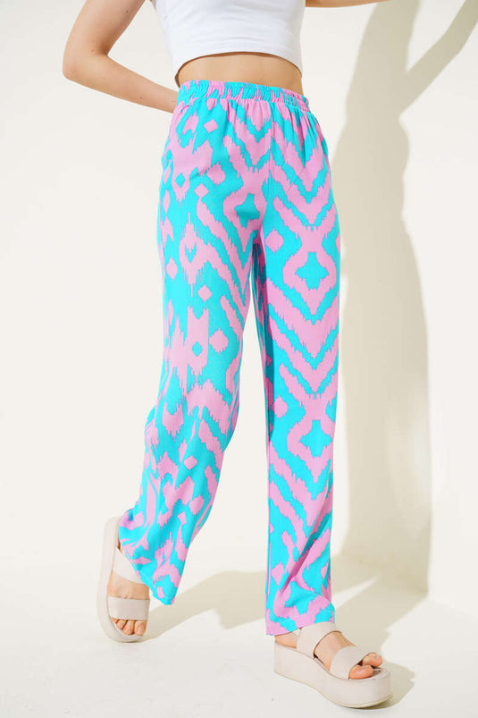 Mixed Patterned Elastic Waist Trousers Turquoise