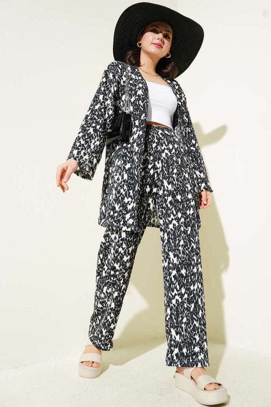 Mixed Patterned Crepe Kimono Two Piece Set Black