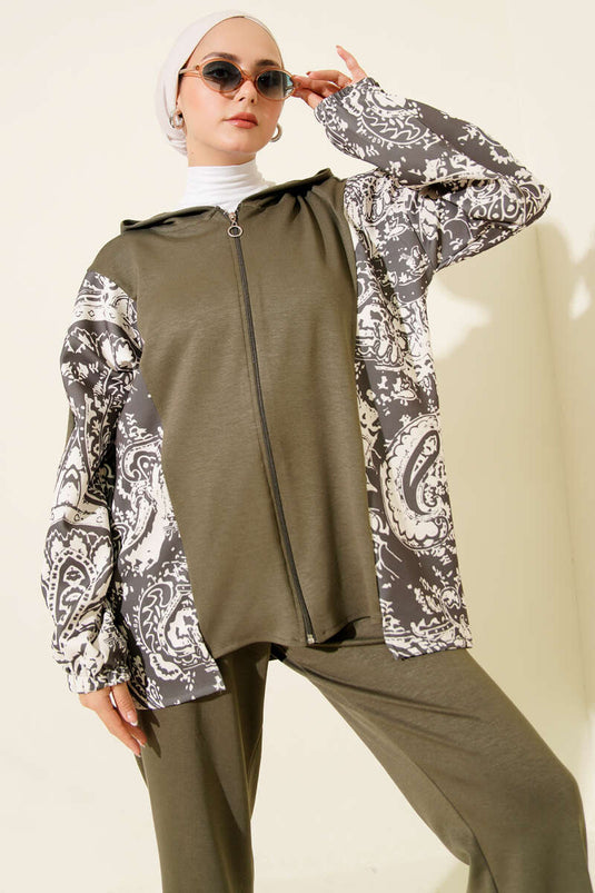 Mixed Patterned Zippered Two Piece Suit Khaki