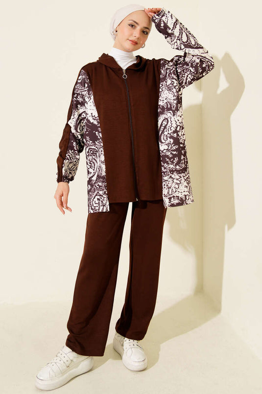 Karışık Desenli Fermuarlı İkili Takım Kahve