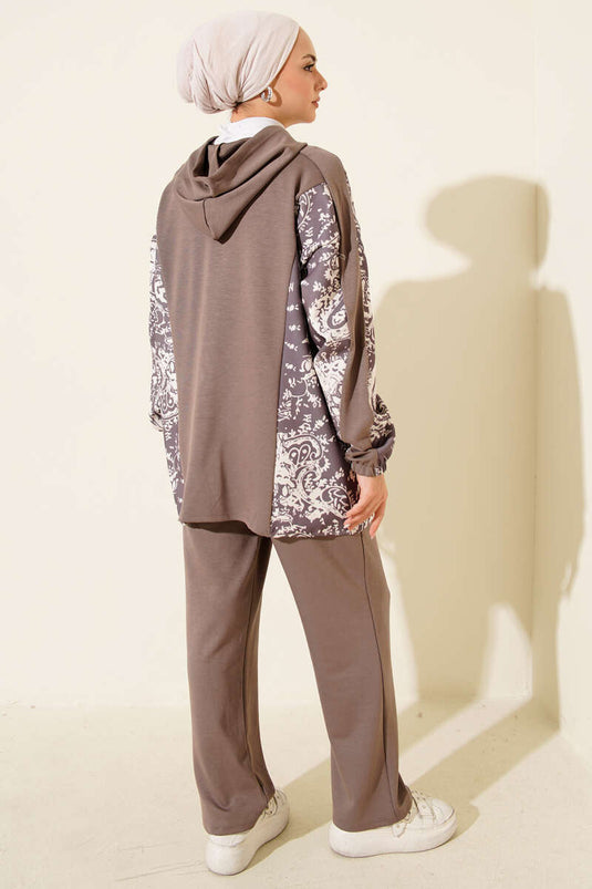 Karışık Desenli Fermuarlı İkili Takım Vizon