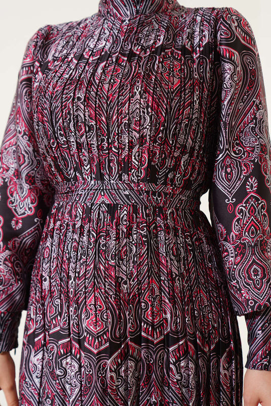 Mixed Pattern Belted Dress Black