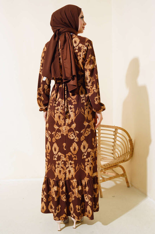 Robe Portefeuille Ceinturée à Motifs Mixtes Marron