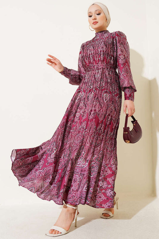 Karışık Desenli Kuşaklı  Elbise Bordo