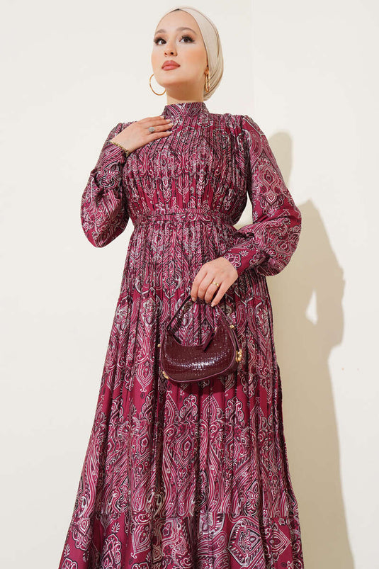 Karışık Desenli Kuşaklı  Elbise Bordo
