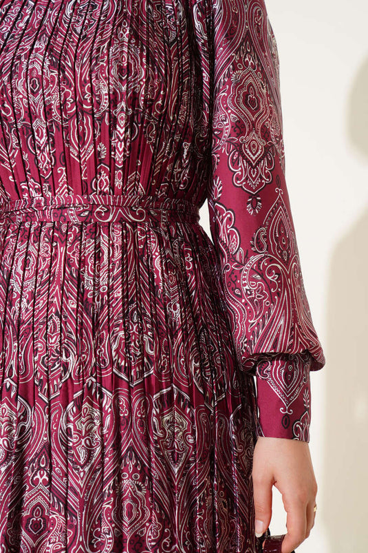 Karışık Desenli Kuşaklı  Elbise Bordo