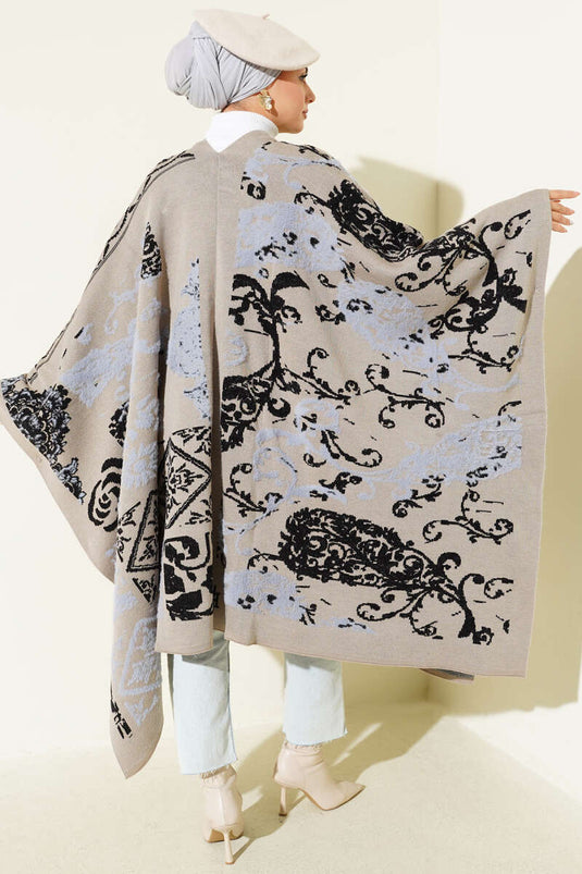 Mixed Pattern Poncho Sand Beige