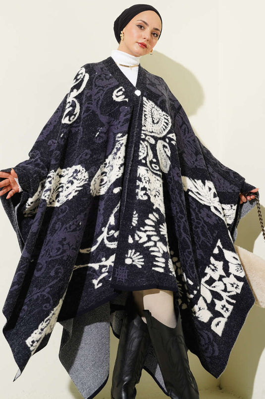 Mixed Patterned Poncho Navy Blue