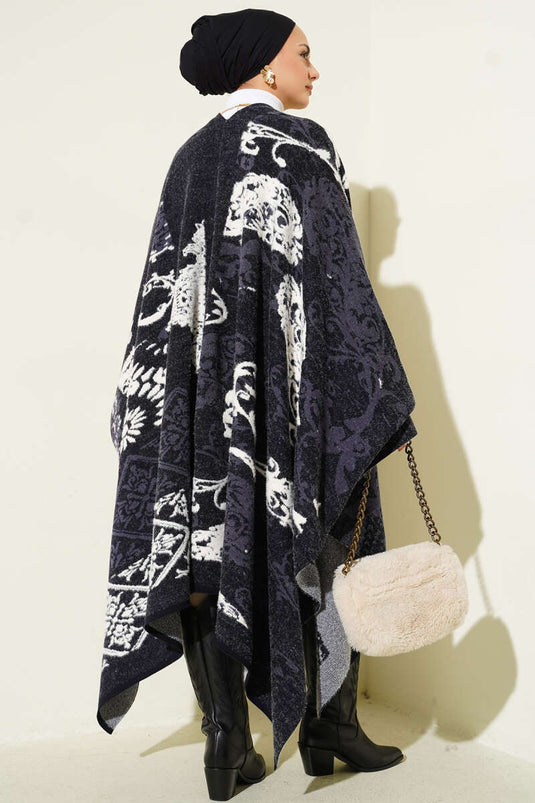 Mixed Patterned Poncho Navy Blue